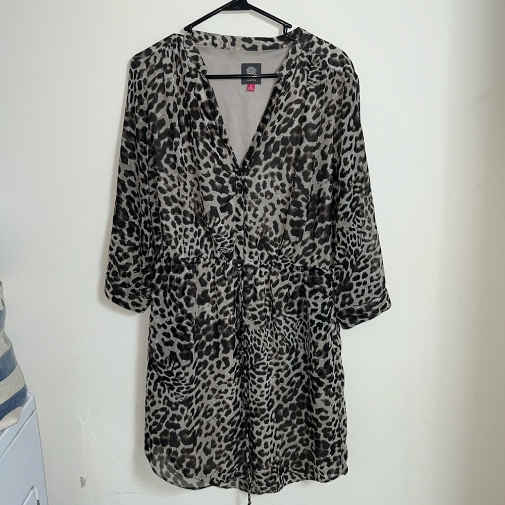 Vince Camuto Sz 10 Leopard Print Button Down Dress Elastic Drawstring Waist